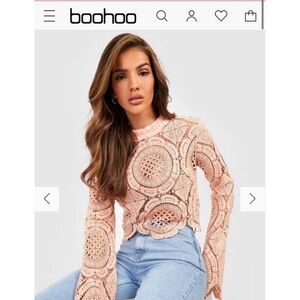 Turtle Neck Crochet Lace Crop Top Size 10 US tan/pink